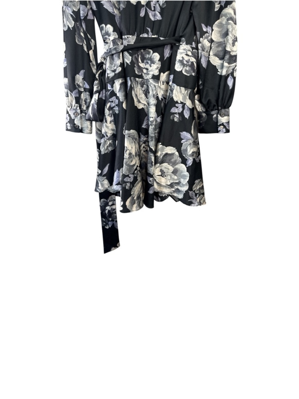 MILLY Samara Satin Floral Wrap Mini Dress Black Gray Size 6 - Picture 13 of 15